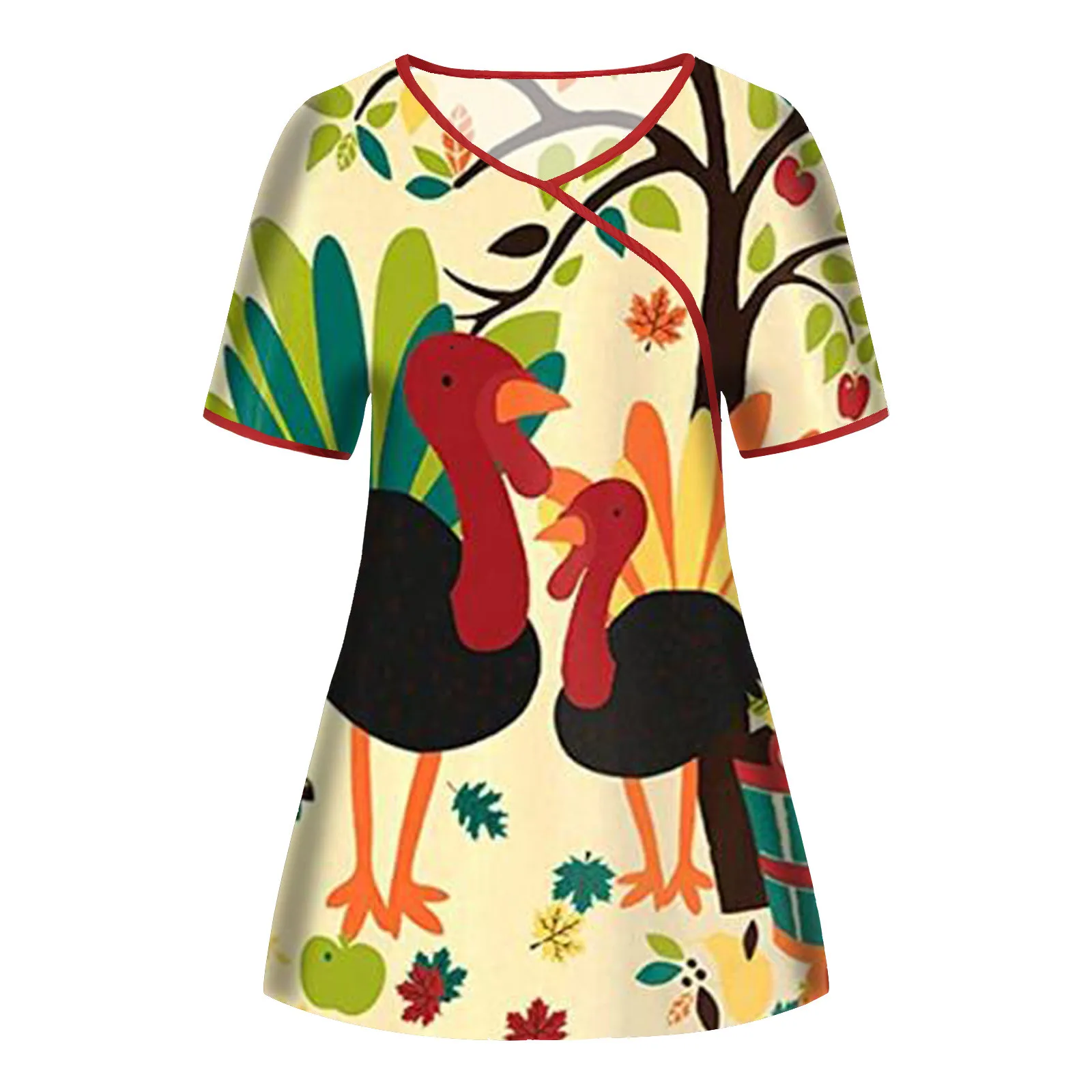 

Christmas Thanksgiving Blouse Overalls Women Print Short Sleeve V-neck Tops Nurse Nursing Working Uniform q5